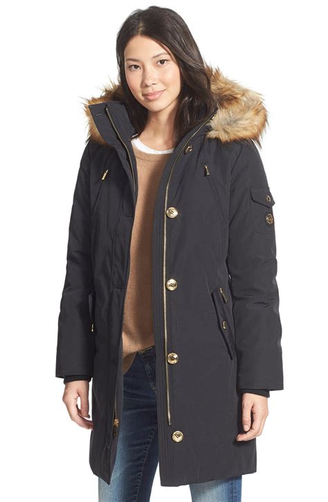 faux fur trim down feather fill parka micheal michael kors|Faux Fur Trim Ciré Belted Parka .